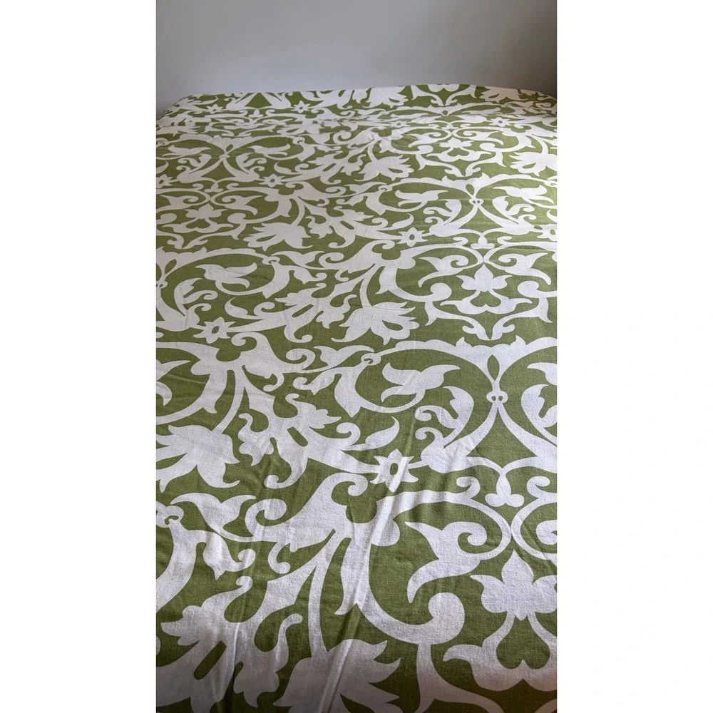 Pottery Barn Garden Gate Duvet Cover King Size Linen Cotton Green White Scroll
